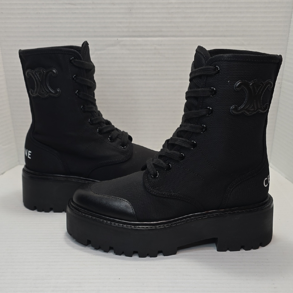 Celine Bulky Laced Up Boot In Nylon And Shiny Bull